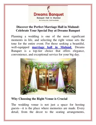 Discover the Perfect Marriage Hall in Mulund Celebrate Your Special Day at Dreams Banquet