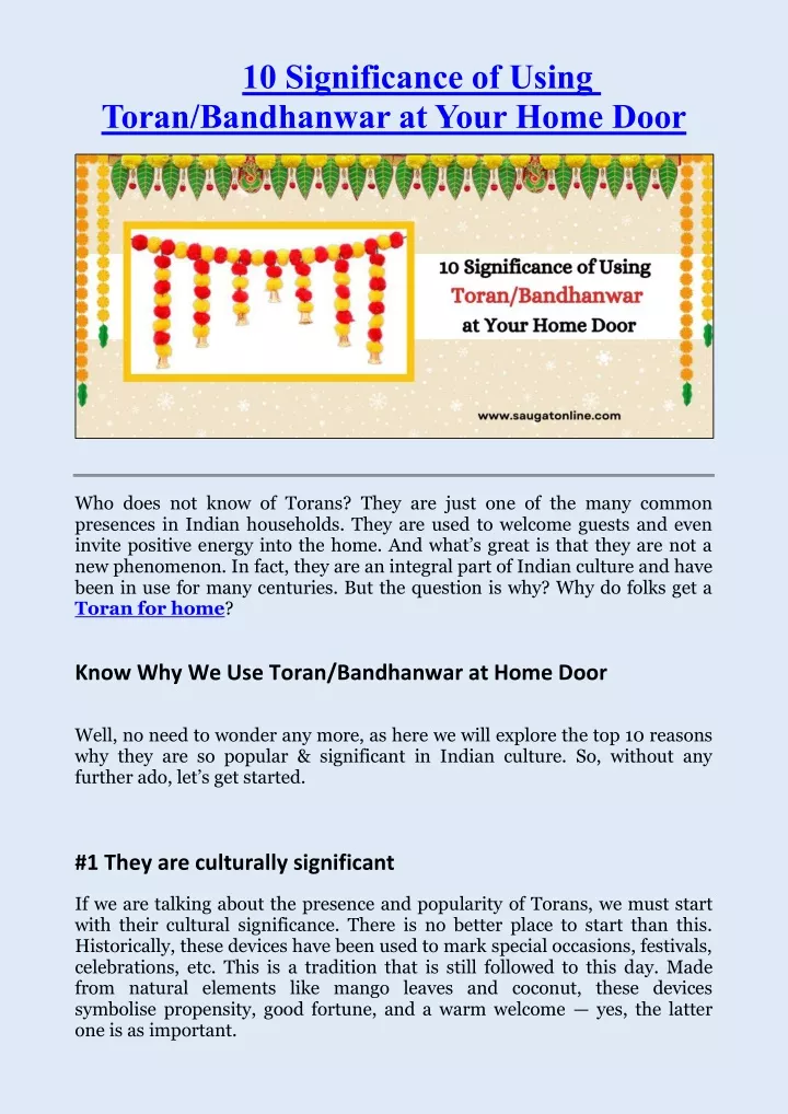 10 significance of using toran bandhanwar at your