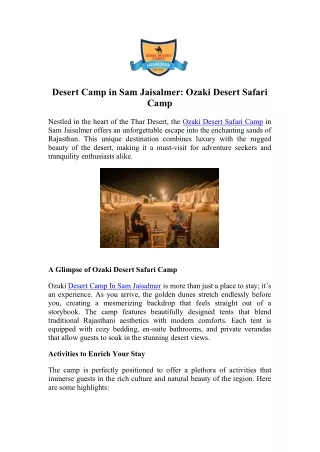 Experience the Magic of the Thar Desert at Ozaki Desert Safari Camp in Sam Jaisa