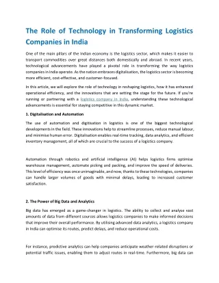 The Role of Technology in Transforming Logistics Companies in India