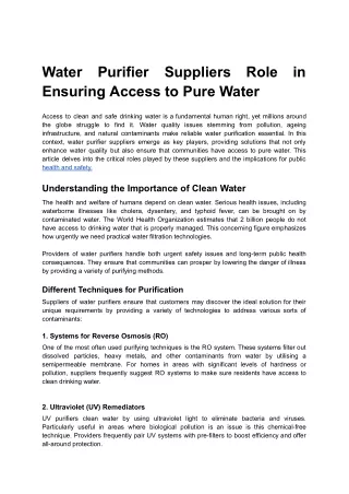 Water Purifier Suppliers Role in Ensuring Access to Pure Water