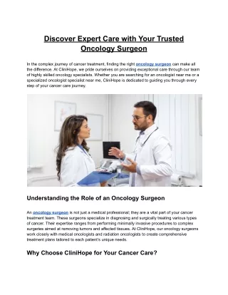 Discover Expert Care with Your Trusted Oncology Surgeon
