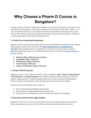 Why Choose a Pharm D Course in Bangalore