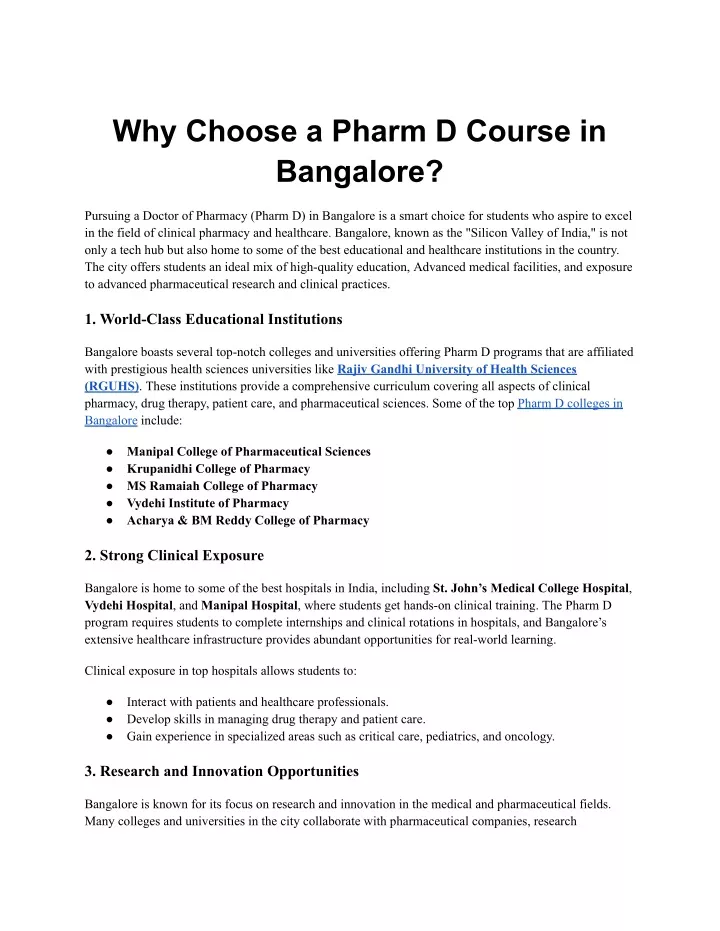 why choose a pharm d course in bangalore