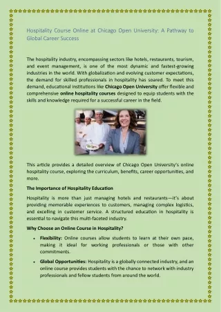 Hospitality Course Online at Chicago Open University A Pathway to Global Career Success