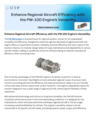 Enhance Regional Aircraft Efficiency with the PW-100 Engine’s Versatility.