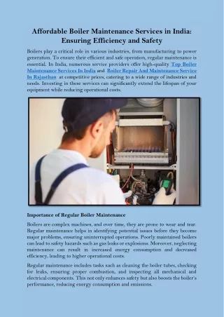 Affordable Boiler Maintenance Services in India Ensuring Efficiency and Safety