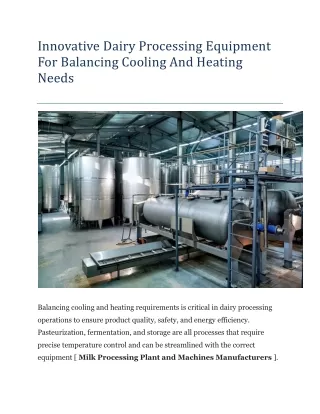 Innovative Dairy Processing Equipment For Balancing Cooling And Heating Needs