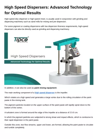 High Speed Dispersers Advanced Technology for Optimal Results