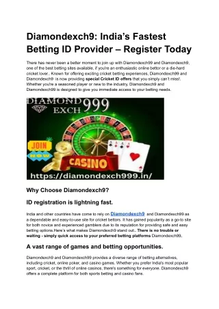 Diamondexch9_ India’s Fastest Betting ID Provider – Register Today