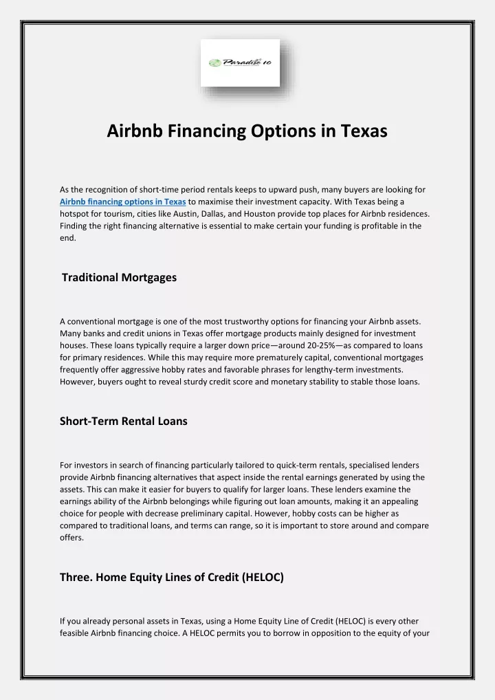 airbnb financing options in texas