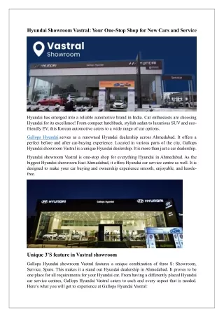 Hyundai Showroom Vastral Your One-Stop Shop for New Cars and Service