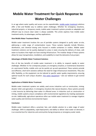 mobile water treatment for quick response