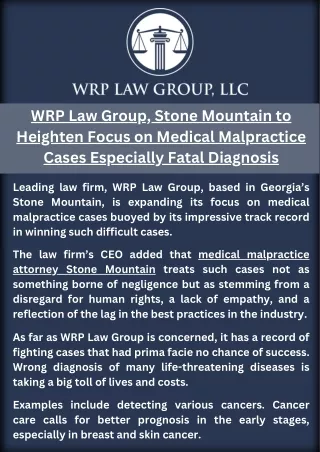WRP Law Group, Stone Mountain to Heighten Focus on Medical Malpractice Cases