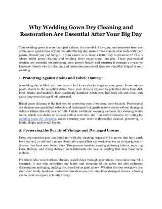 Why Wedding Gown Dry Cleaning and Restoration Are Essential After Your Big Day