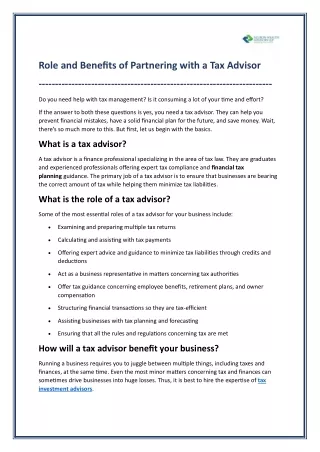 Role and Benefits of Partnering with a Tax Advisor