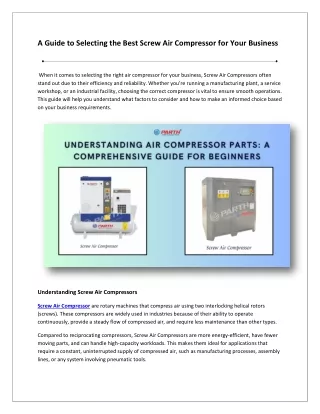 How to Choose the Right Screw Air Compressor for Your Business Needs