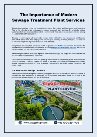 The Importance of Modern Sewage Treatment Plant Services