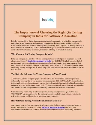 The Importance of Choosing the Right QA Testing Company in India for Software Automation