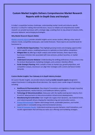 Custom Market Insights Delivers Comprehensive Market Research Reports with In-Depth Data and Analysis