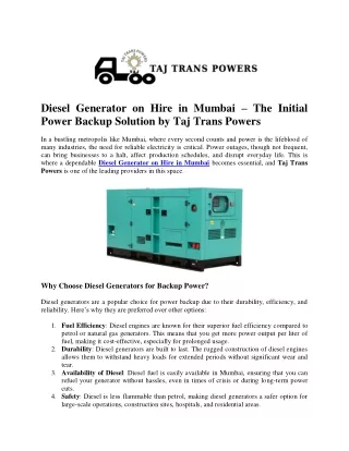 Diesel Generator on Hire in Mumbai –Taj Trans Powers