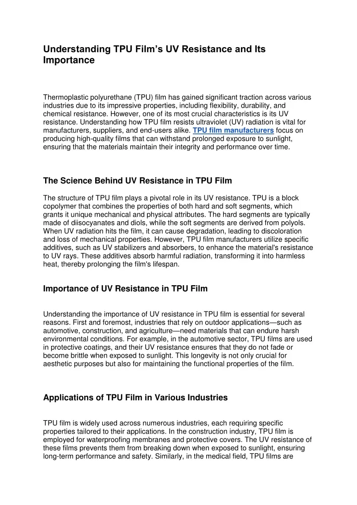 understanding tpu film s uv resistance