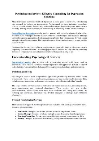 Psychological Services  Effective Counselling for Depression Solutions