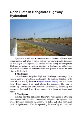 open plots in bangalore highway hyderabad