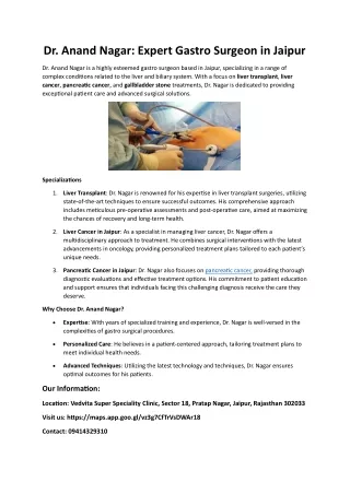 Dr. Anand Nagar: Trusted Gastro Surgeon in Jaipur Specializing in Liver Transpla