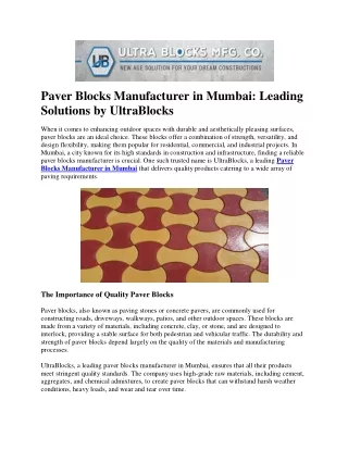 Paver Blocks Manufacturer in Mumbai: Leading Solutions by UltraBlocks