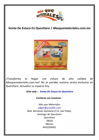 Venta De Estuco En Querétaro  Masquemateriales.com.mx