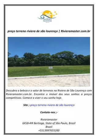 preço terreno riviera de são lourenço  Rivieramaster.com.br