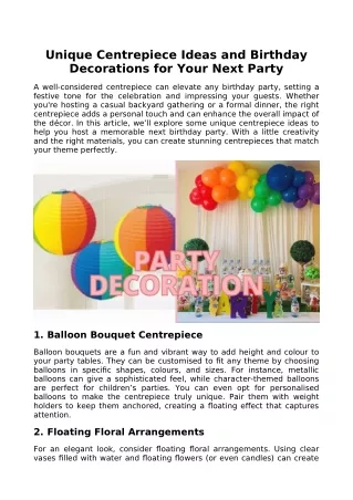 Unique Centrepiece Ideas and Birthday Decorations for Your Next Party