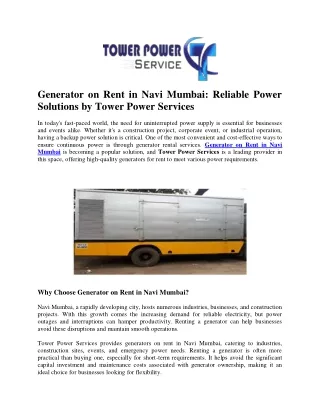 Generator on Rent in Navi Mumbai:Reliable Power Solutions by Tower Power Service