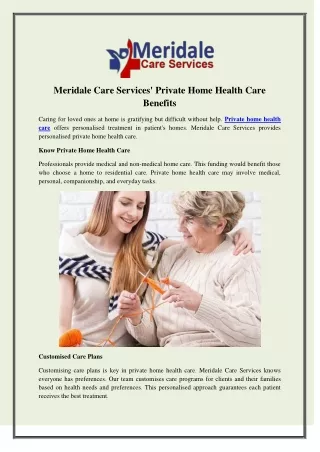 Meridale Care Services Private Home Health Care Benefits