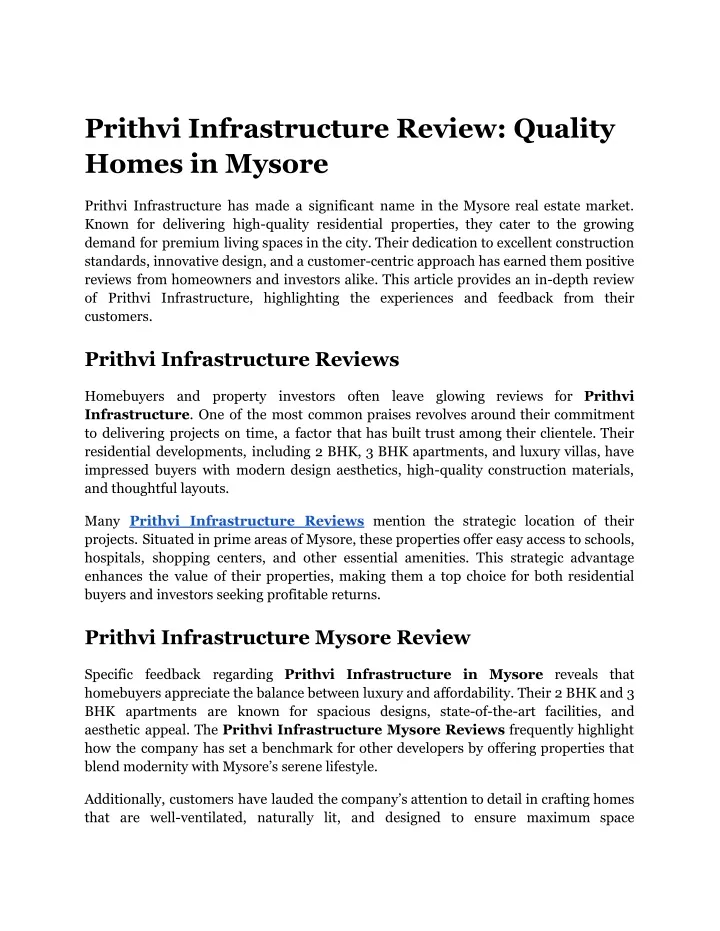 prithvi infrastructure review quality homes