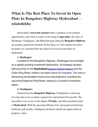 what is the best place to invest in open plots in bangalore highway hyderabad estatedekho