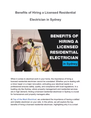 Benefits of Hiring a Licensed Residential Electrician in Sydney