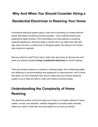 Why And When You Should Consider Hiring a Residential Electrician in Rewiring Your Home