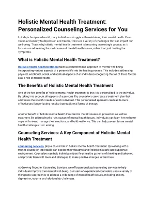 Holistic Mental Health Treatment: Personalized Counseling Services for You