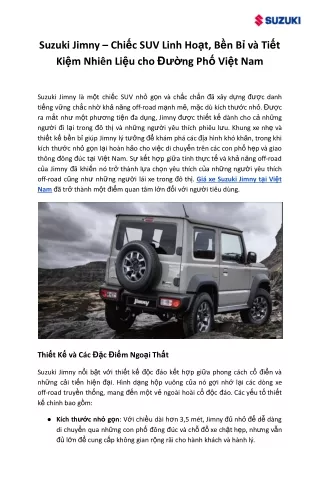 Suzuki Jimny – Chiếc SUV Linh Hoạt, Bền Bỉ và Tiết Kiệm Nhiên Liệu cho Đường Phố Việt Nam