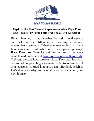 Explore the Best Travel Experiences with Riya Tour and Travel Trusted Tour and Travels in Kandivali