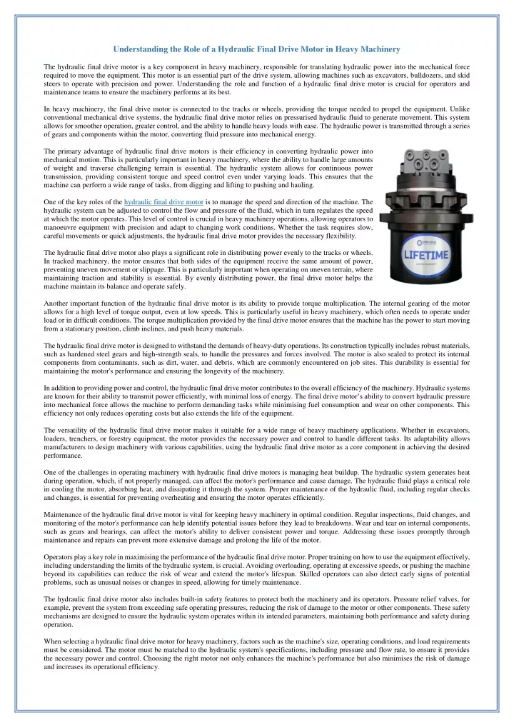 understanding the role of a hydraulic final drive