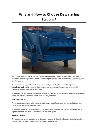 Why and How to Choose Dewatering Screens