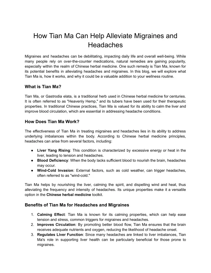 how tian ma can help alleviate migraines