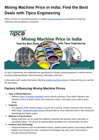 Mixing Machine Price in India Find the Best Deals with Tipco Engineering