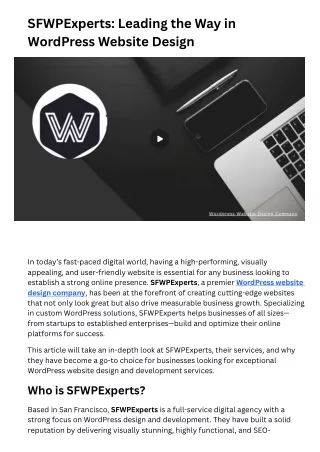 SFWPExperts Leading the Way in WordPress Website Design