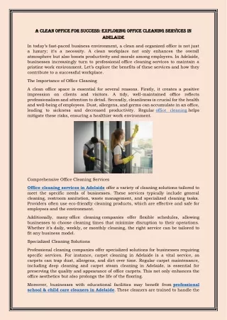 A Clean Office for Success Exploring Office Cleaning Services in Adelaide