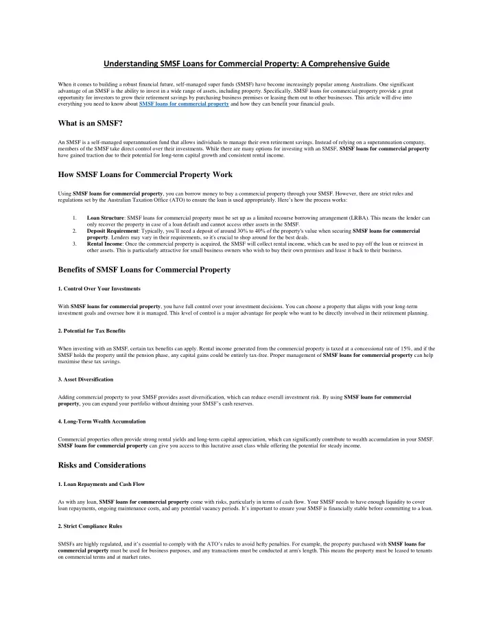 understanding smsf loans for commercial property