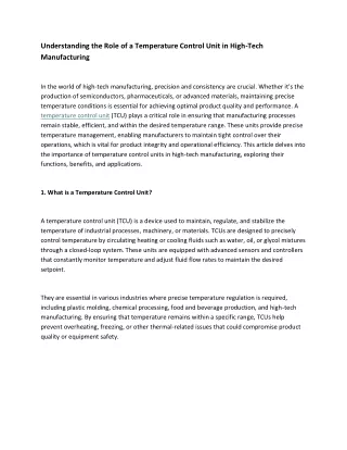 Understanding the Role of a Temperature Control Unit in High-Tech Manufacturing